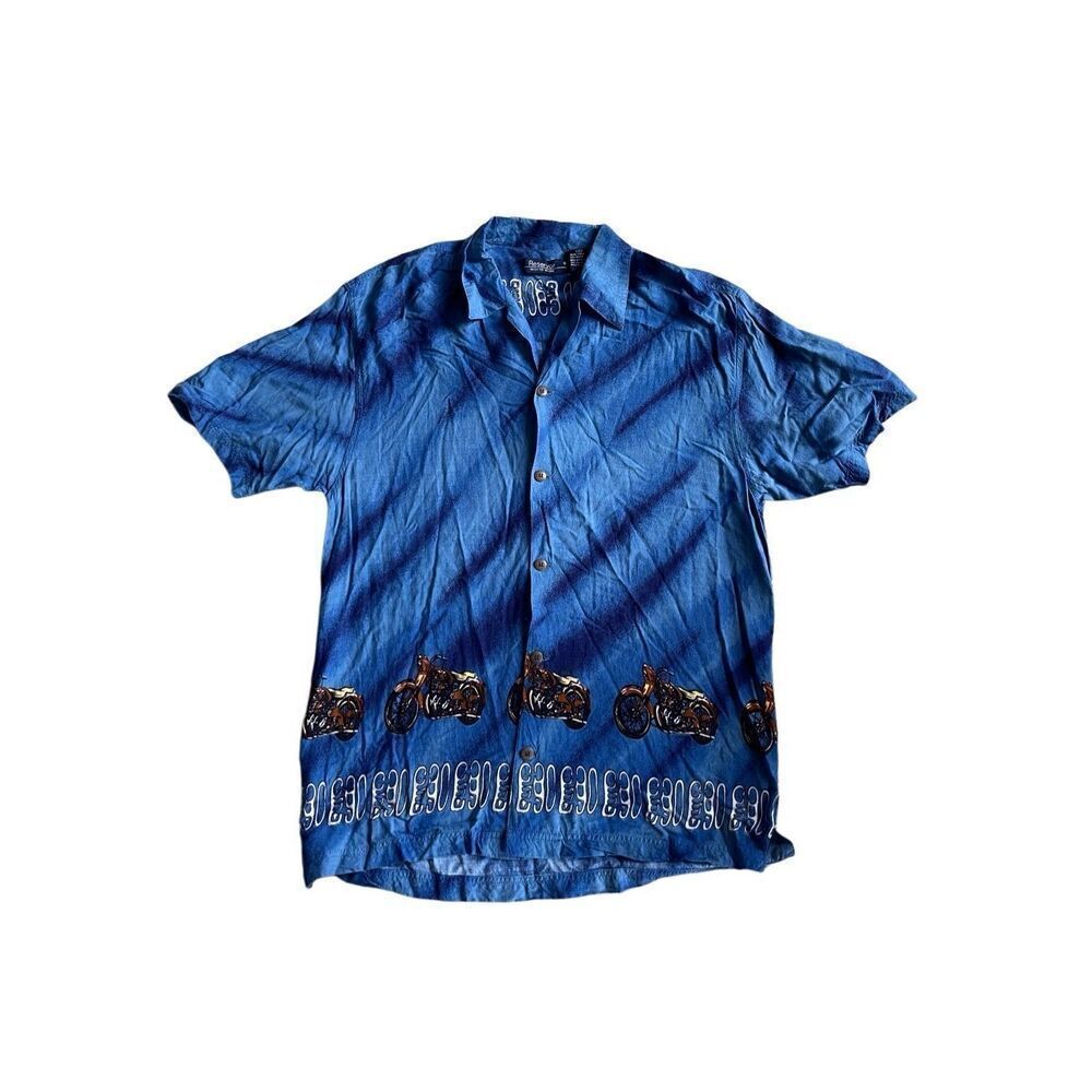 Y2K Hawaiian blue button‎ down motorcycle shirt